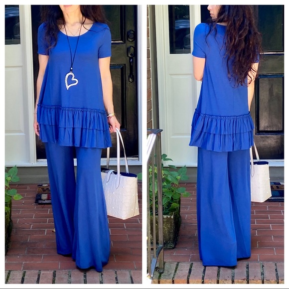 ROYAL BLUE LAYERED HEM SHORT SLEEVES TUNIC TOP - Picture 2 of 13